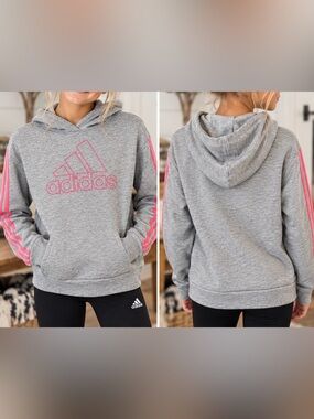 🤠❤️‍🔥💖 Adidas Girls Gray & Pink Logo Hoodie Sweatshirt | SIZE 7/8